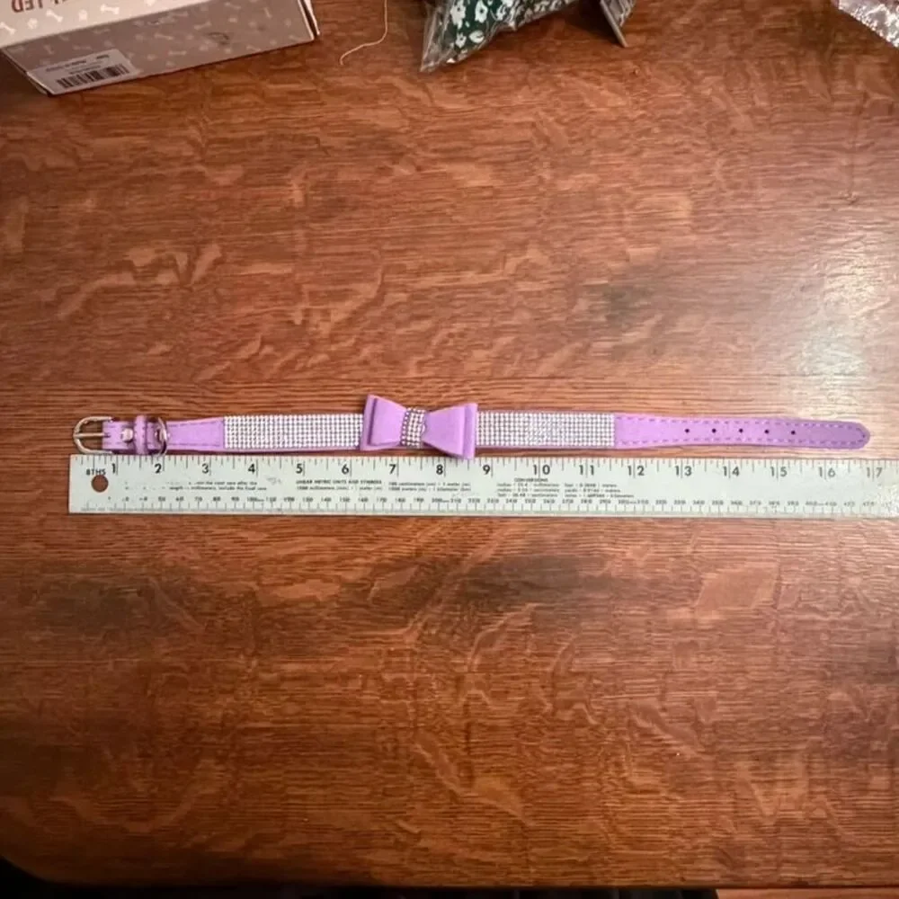 Purple Suede Rhinestone Bow Dog Collar Bling Crystal Pet Collar Medium